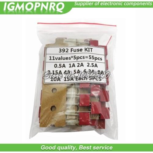 55PCS/Set Square Plastic Fuse Assortment Kit 392 0.5A 1A 2A 2.5A 3.15A 4A 5A 6.3A 8A 10A 15A 250V Fuses Slow Blow Tube Fuse set