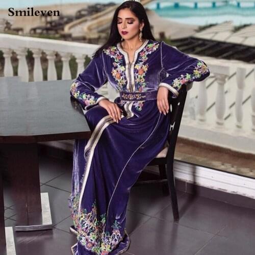 Smileven Velvet Moroccan Caftan Formal Evening Dresses 3D Lace Flowers Arabic Muslim Special Occasion Dresses Custom Made