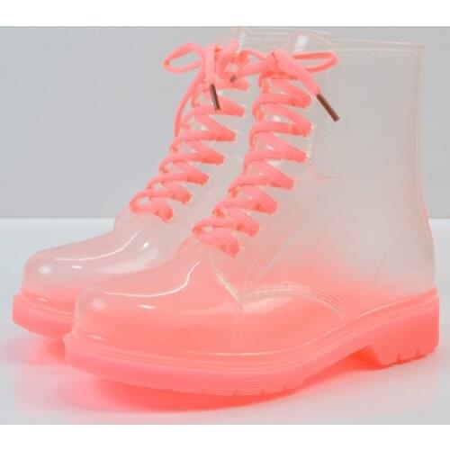 Ankle Rain Boots Platform Lace Up Transparent Waterproof Rain Shoes Motorcycle Candy Colors Rainboots Fashion Woman Shoes