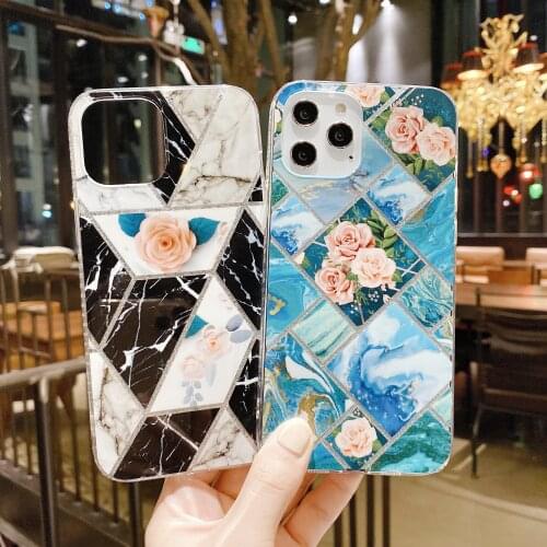 Fashion Luxury Rose Geometric Marble Soft Phone Case For Iphone 12 Mini 11 Pro XS MAX X XR SE 2020 7 8 Plus Shockproof Cover