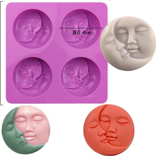 1Pc 4 Cavity Round Shape Sun Moon Faces Silicone Mold DIY Soap Aromatherapy Candle Chocolate Cake Decorating Kithen Baking Tool