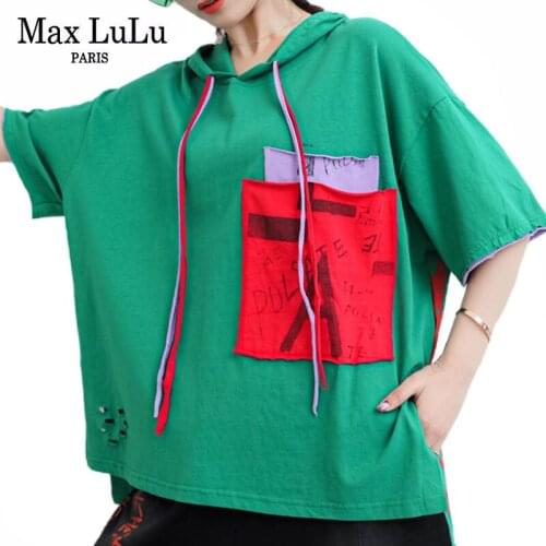 Max LuLu Summer New 2021 Fashion Women Hooded Loose Tee Shirts Ladies Patchwork Pockets Tops Female Punk Holes T-shirts Big Size