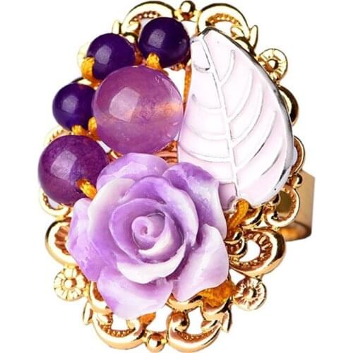 FYJS Unique Light Yellow Gold Color Purple Small Round Stone Beads and Flower Resizable Finger Ring Classic Jewelry