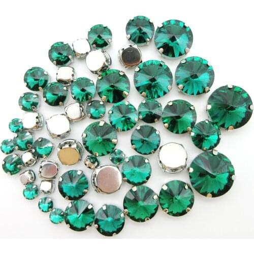 Emerald glass crystal strass mix Rivoli round shape 7 sizes silver claw flatback sew on rhinestones wedding dress shoes bags diy