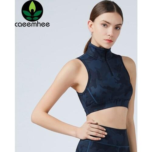 CAEEMHEE Camo Yoga Vest Women Zipper Workout Tank Top Padded Sleeveless Fitness Shirts Sports Wear Running Gym Cropped Top