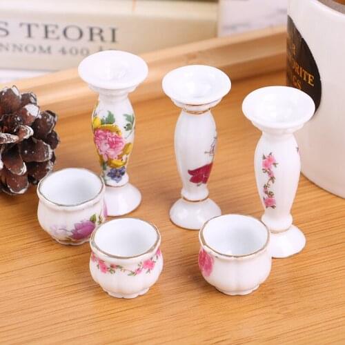 Dollhouse Miniature Accessories Mini Ceramic Roman Column Flowerpot Simulation Flower Pot Bouquet Model Toy for Doll House Decor