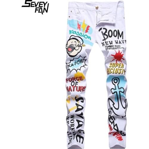 2021 New Mens Hip Hop Jeans Funny Graffiti Printed Fashion White Slim Denim Pants Streetwear Harajuku Casual Jean Trousers Male