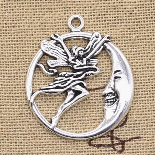 10pcs Charms Circle Moon Angel 31x26mm Antique Silver Color Pendants Making DIY Handmade Tibetan Silver Color Finding Jewelry