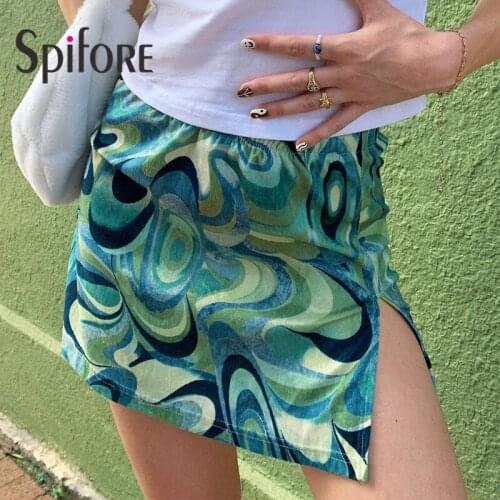 Spifore Tie Dye Green Mini Skirts Y2k Fashion Streetwear Sexy Split A-Line Paisley Print Vintage High Waist Women Skirts 2021