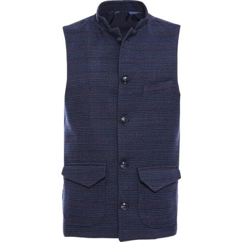 Navy Checked Mandarin Collar Cachet Vest