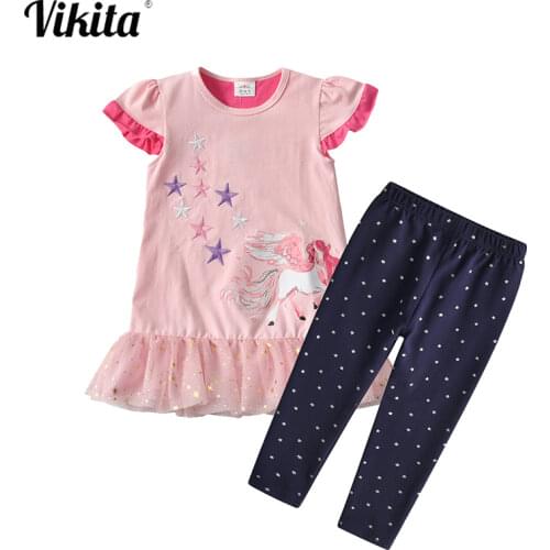 VIKITA Girls Clothes Sets Embroidery Unicorn Tops Tees and Star Sequins Pencil Pants Elastic Trousers Kids Cartoon Clothes Sets
