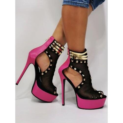 New Rose Pink White Black Patchwork Mesh Cuts Out Peep Toe Platform Sandals Gold Rivets Zipper Back High Heel Sandals Lady