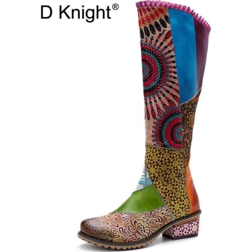 D Knight Handmade Cow Genuine Leather Women Boots Retro Casual Side Zipper Womens Boots Stitching Ethnic Women Knee High Boots