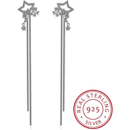925 Sterling Silver Stud Earrings pendientes luxury Zirconia Star Tassel Earrings For Women oorbellen boucle d'oreille femme