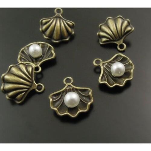 Julie Wang 10PCS Alloy Shell Charms Man-made Pearl Antique Bronze Shell Necklace Bracelet Earrings Jewelry Making Accessory