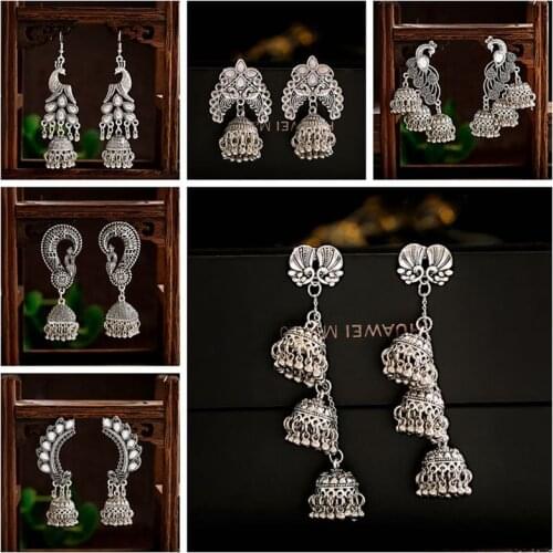 Antique Gypsy Indian Jhumka Earrings Women Vintage Sliver Color Flower Birds Carved Big Bell Long Tassel Drop Earring Jewelry
