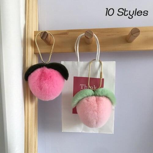 Cute Fruit Mink Hair Rex Rabbit Hair Car Keychain Peach Heart Bag Ornament Birthday Gift Doll Toy Genuine Leather Pendant