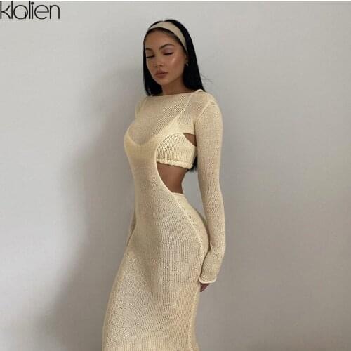 KLALIEN Fashion Sexy Hollow Out Two Piece Dress For Women Autumn New Simple Wild Basic Female Streetwear Y2K Skinny Long Dress