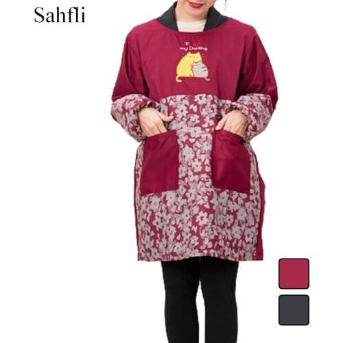 Korean Version of Cotton Waterproof Smock Anti-oil Pollution Long Sleeve Thick Adult Wearing Sleeved Apron with Back Tie Pocket