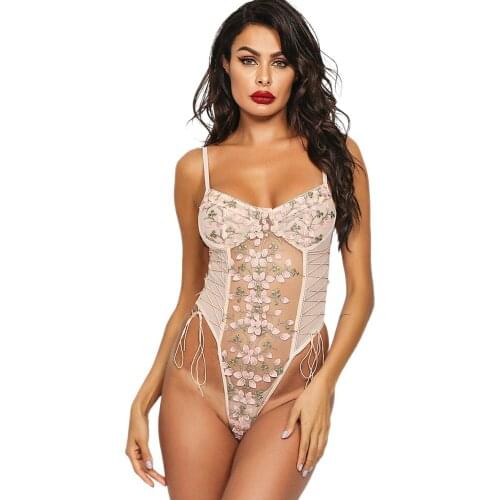 Embroidered lace see through bodysuit womens tights hot sexy tie low neck halter jumpsuit pajamas pink gray CYHWR