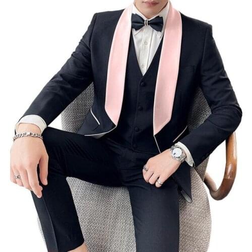 Fashion Costume black Slim fit Groom Tuxedo Wedding Prom 3 piece Men Suits Lapel mens blazer(jazcket+vest+pants)