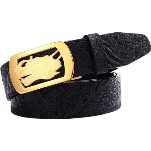 Men Gold Dragon Head Automatic Buckle Cowskin Leather Three Dimensional Carving Belt Chinese Style Jeans Waistband BG002