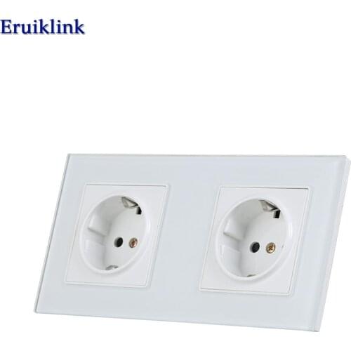 Eruiklink EU Standard 2 Gang Wall Power Socket, White Crystal Glass Panel, AC110V~250V 16A Wall Outlet