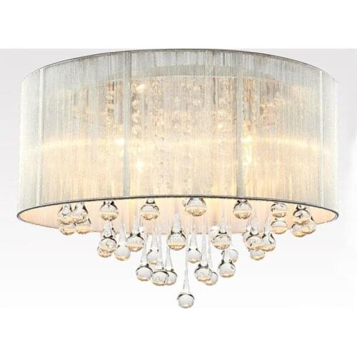 Modern Decorative Silver 40cm 45cm Round Dome Fabric Shade Flush Mount Ceiling Light Fixture Bedroom Crystal Decor Ceiling Lamp