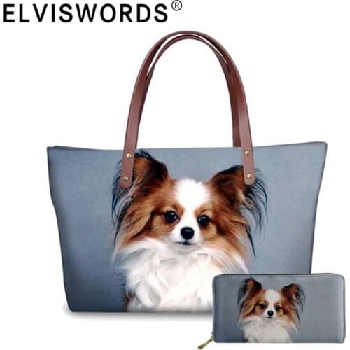 Papillon Cute Dog Printing Shoulder Bag 2pcs/set Women Bag Female Top-handle Handbags and Leather Purse Causal Totes Bolsa Mujer