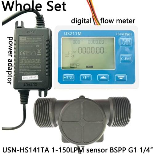 US211M Digital Flow Meter & USN-HS141TA PA66 Nylon and Fibre Glass Hall Flow Sensor Measurement 1-150L/minBSPP G1 1/4" Dijiang