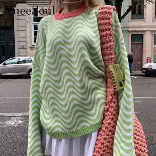 Knitted Pullover Sweater Women Casual O Neck Loose Sweater Winter Y2K Top Fashion Green Striped Sweaters Oversized Outwear