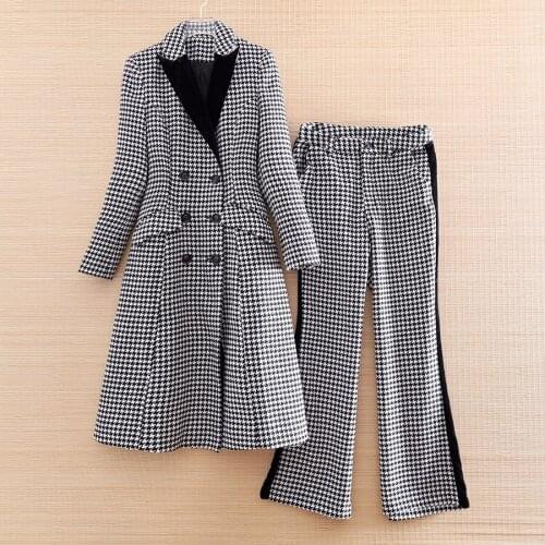 High-end Women 2 Pieces Tweed Set Fashion Slim Houndstooth Coat Top Suit+ Wide Leg Pants Elegant Lady Thicken Suit Set S-XL
