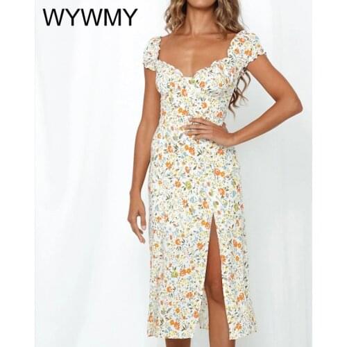 WYWMY Summer Dresses for Women 2020 Elegant Vintage Party Dress V-neck Sexy Beach Sundress Floral Print Mid Dress Female Vestido