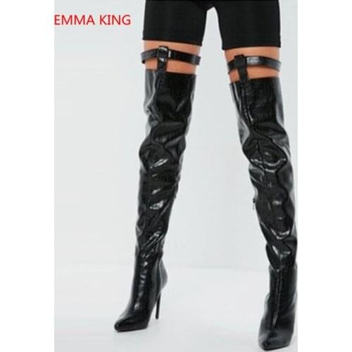 Women Winter Gothic Shoes 2018 New Sexy Belt Buckle Stiletto High Heels Punk Style Fashion Leather Black Over The Knee Boots