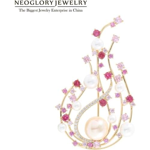 Neoglory Flame Shape AAA CZ Pearl Brooches for Women 2020 Winter Fashion Coat Pins for Party Charm Accessories Mothers Day Gift