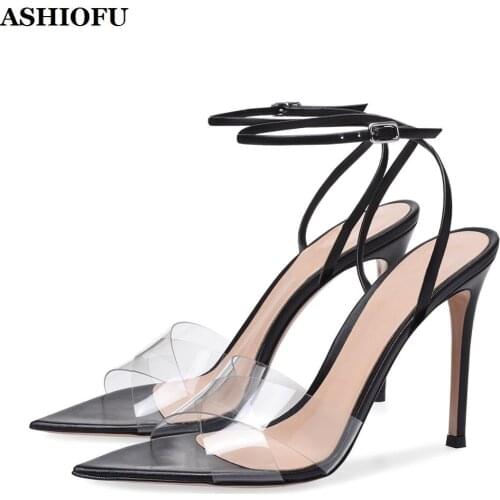 ASHIOFU 2020 Handmade Womens Stiletto High Heel Sandals Cross-PVC Black Shinny Summer Shoes Party Prom Fashion Sandals Shoes