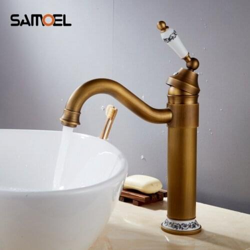 13" Antique Brass Basin Faucet Hot&Cold Mixer Tap Deck Mounted with blue and white porcelain 360 Swivel Taps AF1013