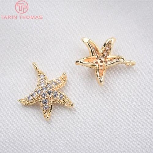 6PCS 15x13MM 24K Gold Color Brass Brass and Zircon Starfish Charms Pendants High Quality Diy Jewelry Findings Accessories