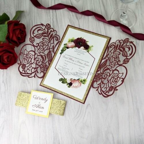 50PC Burgundy Floral Printing Gold Glitter Bottom Laser Cut Wedding Invitations with Glittery Tag and Belt Sweet Fifteen Invites