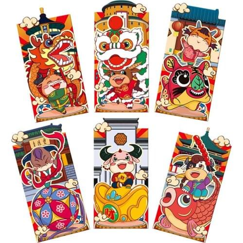 6PCS Chinese Red Envelopes with Thickened Golden Patterns Cartoon Cow for Chinese New Year, Spring Festival, Lucky Money Packet