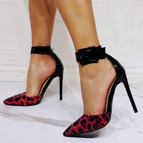 BERZIMER Women Heels Pointed Toe Buckle Straps Prom Party Patchwork Sandals Stiletto Heels Leopard Shoes Woman Size 41 42 45 47