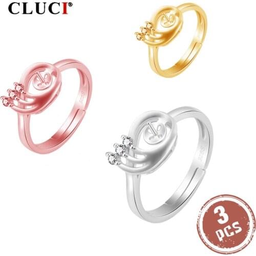 CLUCI 3pcs Silver 925 Zircon Ring Jewelry Women Adjustable Pearl Ring Jewelry 925 Sterling Silver Feather Ring SR2183SB
