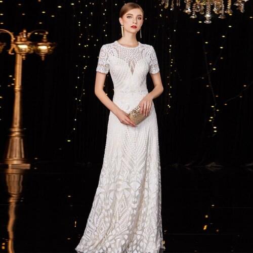 Elegant Ivory Sequined Long Evening Dresses Sleeves O Neck Formal Evening Gown Women Party