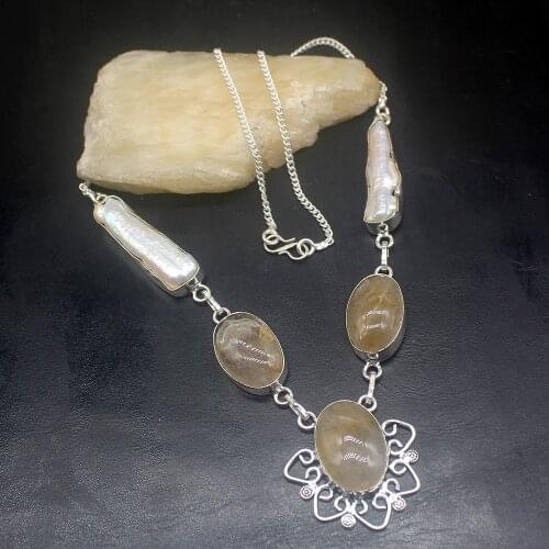 Gemstonefactory Jewelry Big Promotion 925 Silver Natural Rutilated Quartz Biwa Pearl Women Chain Necklace 50cm 202101363