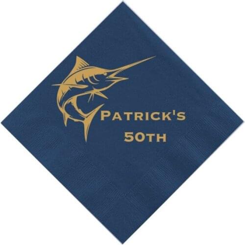Marlin Birthday Personalized Napkins - Fishing Birthday Napkins, Custom 50th Birthday Napkins, Man Birthday Napkins, Fish Birthd