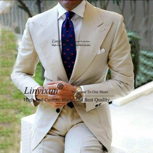 2020 New Arrival Beige Men Suits for Wedding Suit Two Piece Two Btton Wide Peaked Lapel Formal Groom Wear Groomsmen