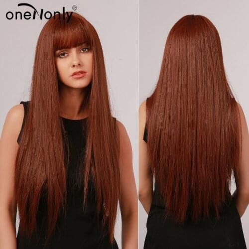 OneNonly Long Straight Ombre Red Brown Synthetic Wigs with Bangs for White Black Women Cosplay Daily Hair Heat Resistant