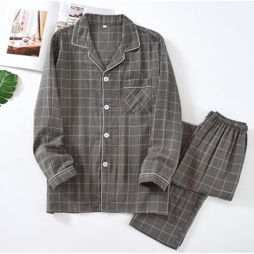 Autumn Casual Striped Cotton Pajama Sets for Men Short Sleeve Long Pants Sleepwear Pyjama Male Homewear Lounge Wear Clothes