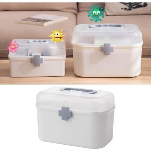 Family Medicine Plastic Storage Box Double Layer First Aid Bin with Handle Removable Tray Portable Emergency Organizer