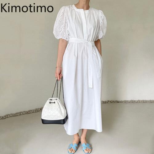 Kimotimo Simplicity Puff Sleeve Dress Women Ins Summer Temperament O-neck Single Breasted Belt Waist Hook Flower Hollow Dresses